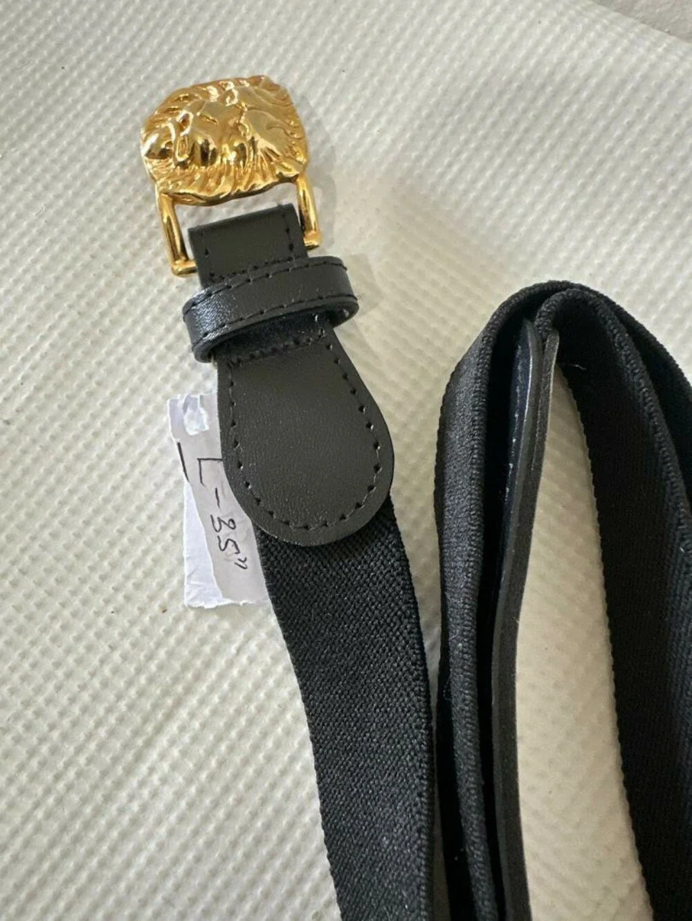 Chic Black Stretch Waist Belt with Gold Lion Statement Buckle Size 35